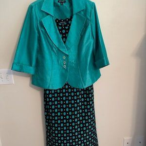 Dana Kay Women's Black and Aquarium Green Polka Dot 2 Piece Dress Suit, size 16W